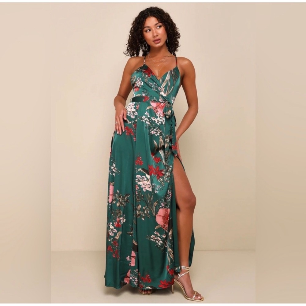 Lulus Maxi Dress Size M Green Floral Satin Wrap Still the one Wedding Guest Boho